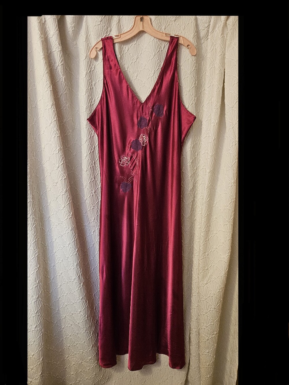 Silky V-Neck Burgundy Satin Slip Dress with Floral Embroidery